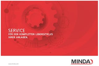 Serviceflyer (deutsch) Deckblatt des Serviceflyers: Produktskizze und Zahnrad in MINDA-Rot