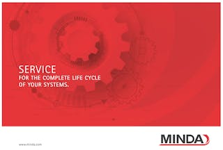 Serviceflyer (english) Cover page of the service flyer: product sketch and gear wheel in MINDA red