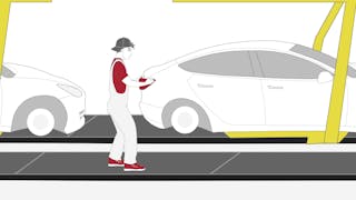 Manrider Animiertes Bild von einem Arbeiter in einer Auto-Produktionsstraße