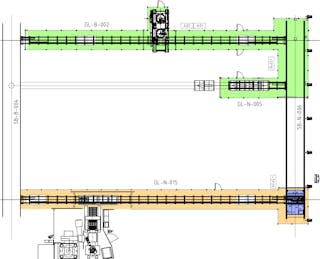 Layout "Hordenwagentransport" Layout "Hordenwagentransport": Im unteren Bereich des Bildes kommen die Steine nach der Steinpresse auf Spezialpaletten, die wiederum in Hordenwagen gestapelt werden. Links und rechts befinden sich schienengebundene Transferwagen, die sowohl die vollen als auch die leeren Hordenwagen transportieren. Im oberen Bereich werden die Feuerfeststeine dann von einem Entnahmeportal aus dem Hordenwagen entnommen und dem folgenden Prozess zugeführt.