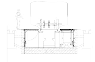 Lateral working pit closed Drawing: The lateral working pit is closed, i.e. the person can work sideways on the vehicle above floor.